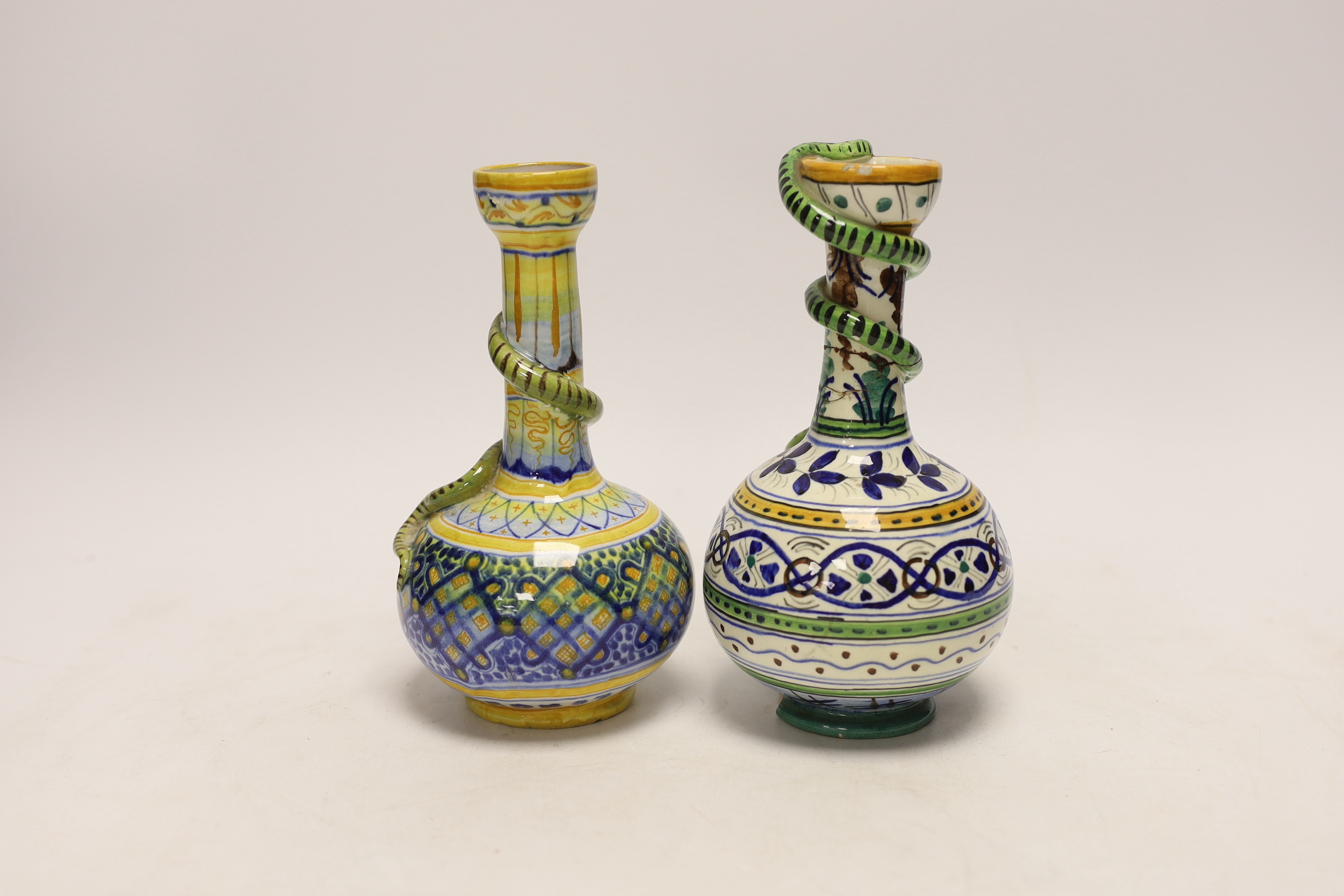 Two Italian Maiolica bottle vases, one by Cantagalli, largest 18cm high